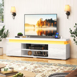 Hlivelood LED TV Stand for 75 Inch TV, Modern TV Stand with Power Outlet, High Gloss TV Console Entertainment Center with Storage and LED Lights for Living Room, Bedroom (66 Inch, White) Hlivelood