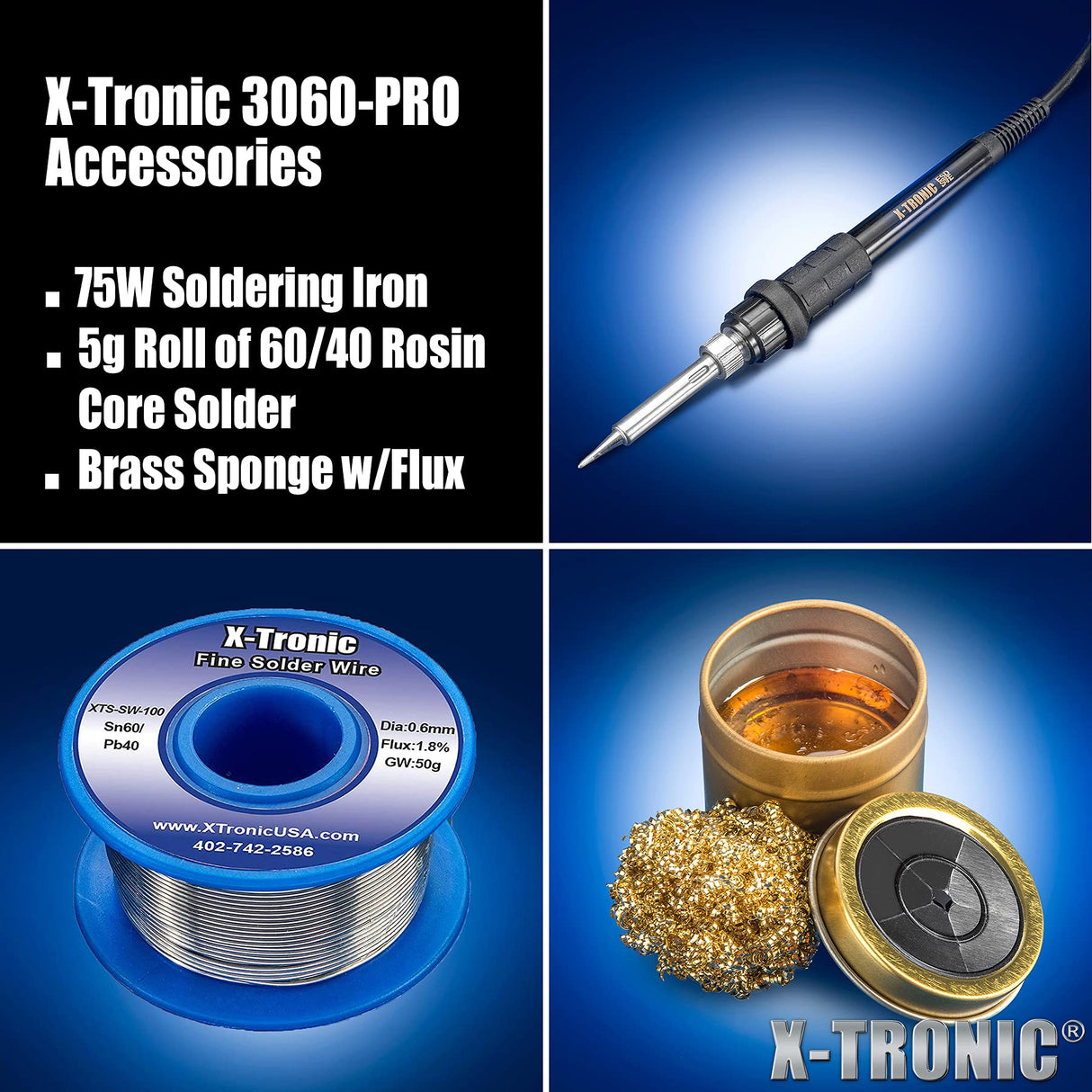 X-Tronic 3060-PRO - 75 Watt Soldering Iron Station with Mini Mag Lamp & 4 Helping Hands - 2 Digital LED Displays, 3 Temp Presets, Sleep Func, C/F Func, Brass Sponge w/Flux & Wet Sponge X-TRONIC