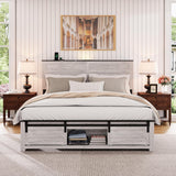 Queen Bed Frame with Storage Headboard, Metal Platform Bed Frame with 3 Storage Compartments, Built-in Charging Station and LED Lights, No Box Spring Required, Noiseless, Easy Assembly，Antique White QNICE