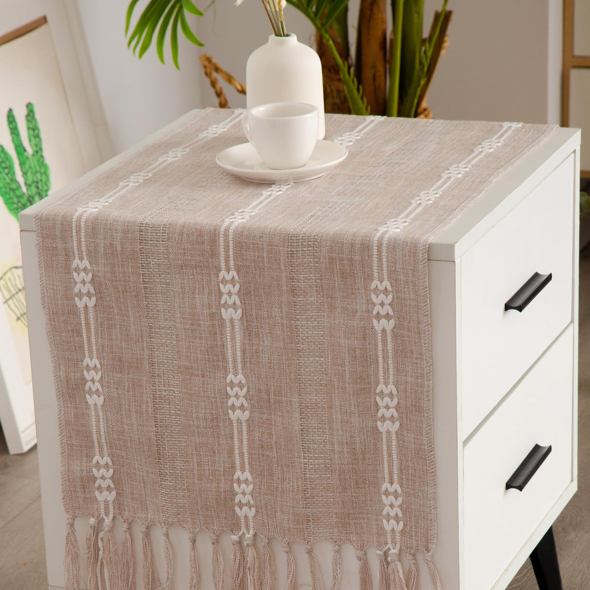 Hpxrom Rustic Small Linen Table Runner Farmhouse Burlap Boho Striped Table Runners Light Coffee Short Table Runner with Hand-Tassels for Dining Wedding Dresser and End Table Decor 14 x 36 Inches Hpxrom