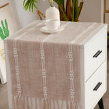 Hpxrom Rustic Small Linen Table Runner Farmhouse Burlap Boho Striped Table Runners Light Coffee Short Table Runner with Hand-Tassels for Dining Wedding Dresser and End Table Decor 14 x 36 Inches Hpxrom