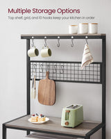 VASAGLE Bakers Rack, Coffee Bar, Kitchen Storage Shelf Rack with 10 Hooks, 3 Shelves, Adjustable Feet, for Microwave Oven, 15.7 x 33.1 x 66.9 Inches, Industrial, Greige and Black UKKS017B02 VASAGLE