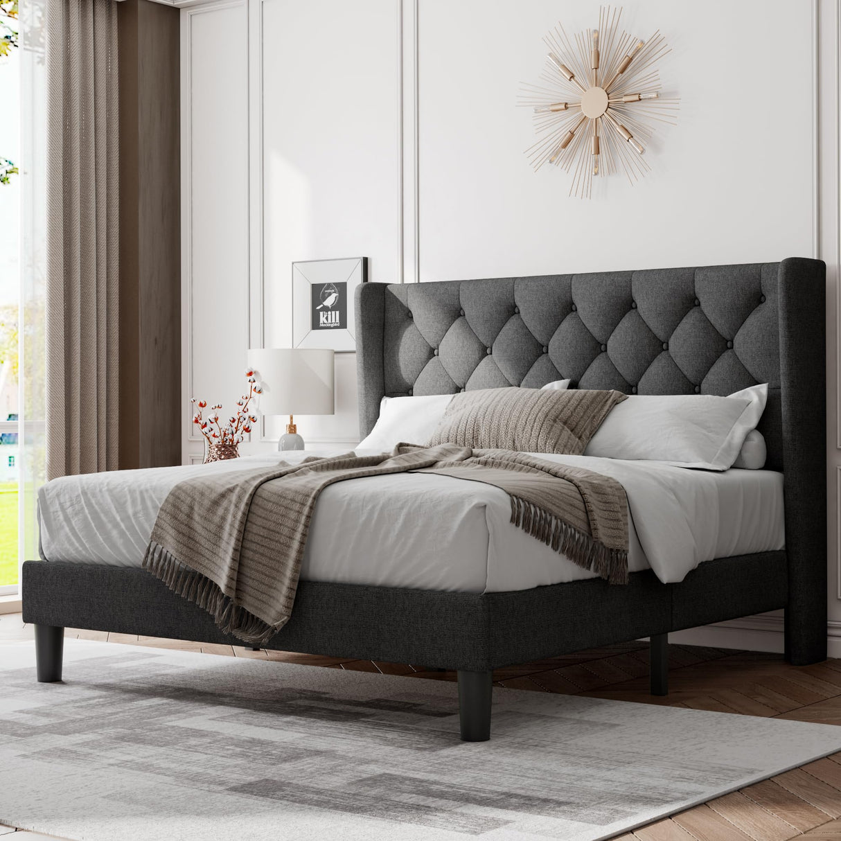 Feonase Queen Size Bed Frame with Diamond Tufted Wingback Headboard, Morden Upholstered Platform Bed, Sturdy Wooden Slats Support, Noise-Free, No Box Spring Needed, Easy Assembly, Dark Gray Feonase