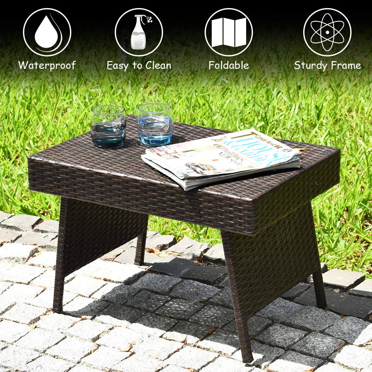 Tangkula Outdoor Folding Wicker Table, Heavy Duty Rattan Foldable Standing Coffee Side Table, for Patio Poolside Lawn Garden Balcony Tangkula