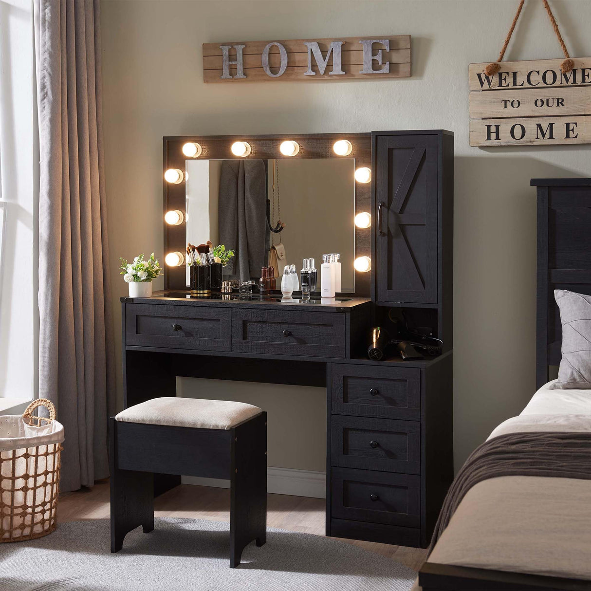 ACCOHOHO Farmhouse Vanity Desk with Mirror and Lights, 43" Wide Makeup Vanity with Glass Tabletop and Charging Station, Modern Vanity Table Set with Storage and Stool for Bedroom, Black ACCOHOHO