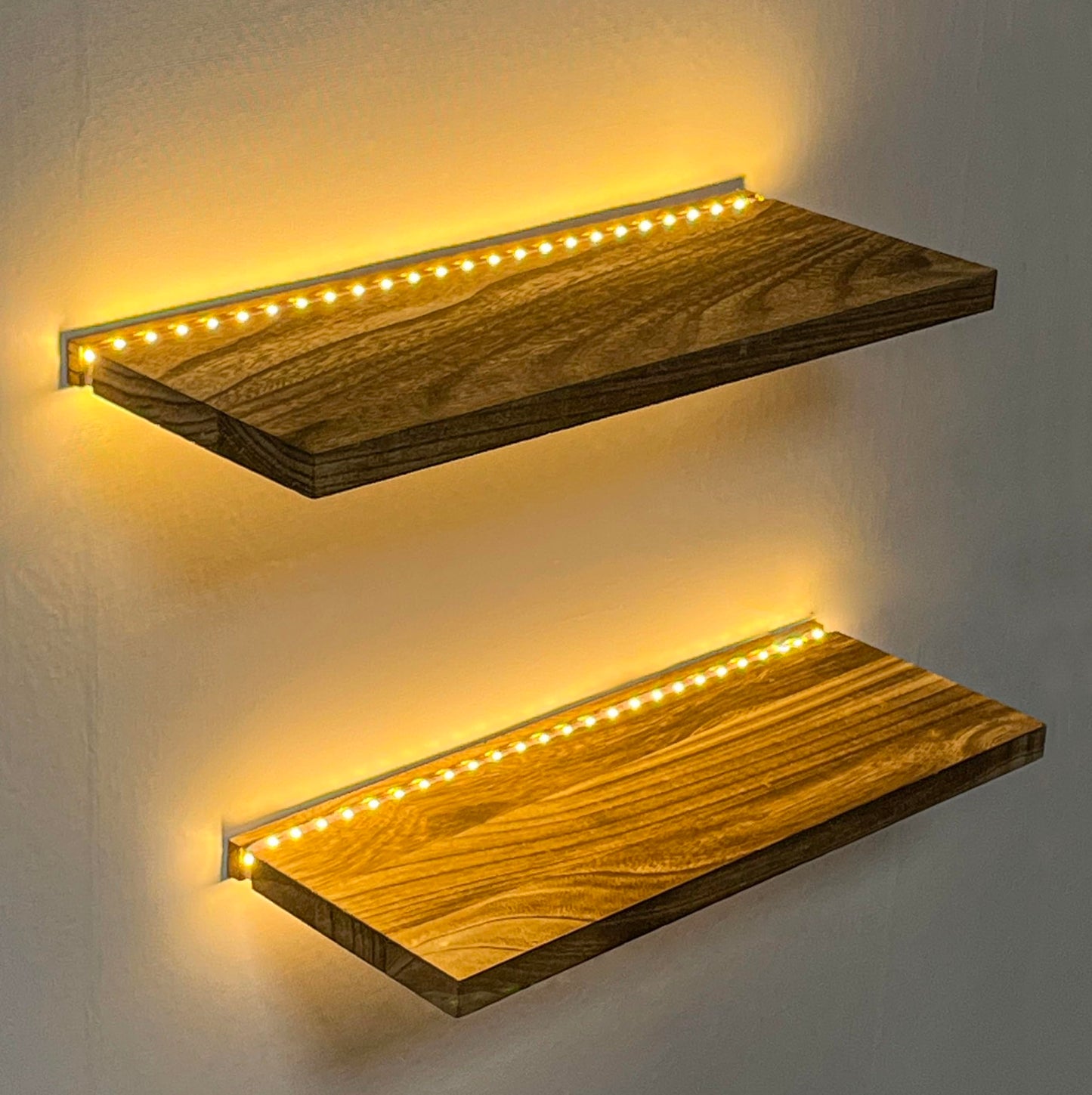 Floating Shelves for Wall Decor Wood Wall Mounted Shelves with LED Lights Set of 2, Sturdy Rustic Wood Shelves Farmhouse Shelf Hanging for Bedroom, Bathroom, Living Room, Kitchen (Usb Powwer) - WoodArtSupply