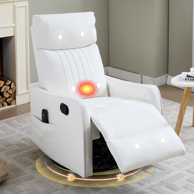 Manual Swivel Rocker Recliner Chair for Adults, Overstuffed Glider Chair for Nursery with Massage and Heat, Living Room Reclining Chair, Faux Leather White