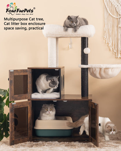 Fourfurpets Multipurpose Litter Box Enclosure with Cat Tree, Acrylic Doors and Windows, with Large Platform, Cat House, Full Sisal Posts, Removable Washable Cushion, Rustic Brown