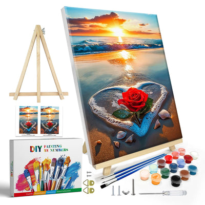 JOOZ Paint by Numbers Kit for Adults with Frame, Beach Sunset Paint by Number with Easel, DIY Beach Rose Oil Painting by Number, Easy Adult Paint by Number Kits on Canvas for Wall Decor 8 x 12 Inch