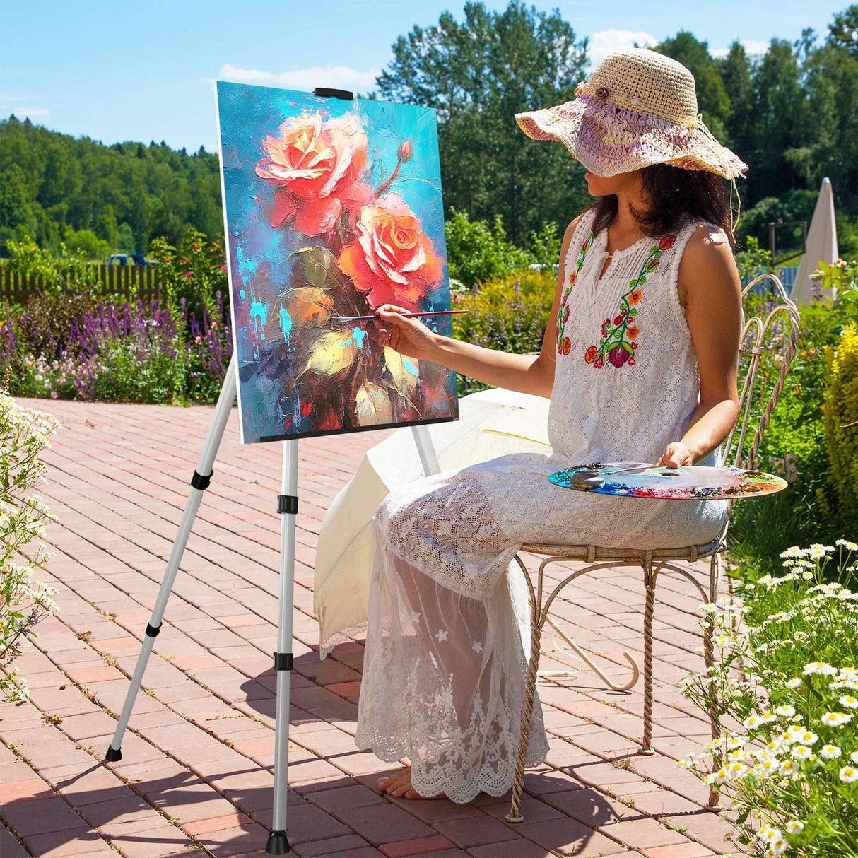 Art Easel Stand for Painting or Sign, Portable Adjustable 66 inches Display Tripod Artist Floor Aluminum Metal Easel with 1 Bag for Table-top/Floor Drawing, Sturdy for Canvases Displaying - Silver Mayyol