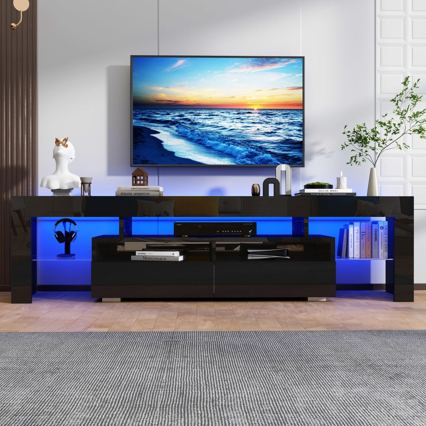 Uspeedy 63in TV Stand for 65/70 inch TV,Modern LED TV Stand for Living Room,Black TV Stand,High Gloss TV Entertainment Center with Storage Drawer,APP RGB Light,TV Console(63in Black) - WoodArtSupply