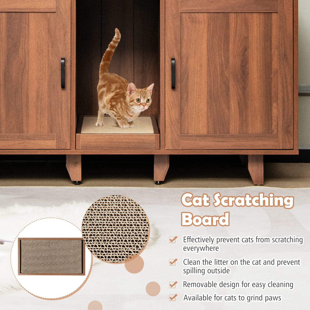 PETSITE Cat Litter Box Enclosure Furniture for 2 Cats, Large Litter Box Cabinet with Scratching Board, and Adjustable Foot Pads, Indoor Cat House TV Stand Side Table, Double Hidden Litter Box PETSITE