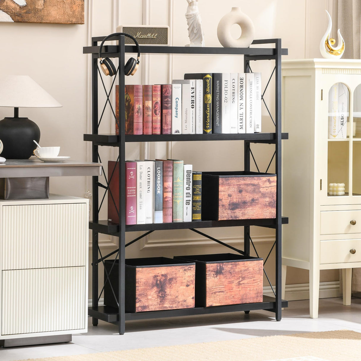 HCHQHS Bookshelf, 4-Tier Industrial Bookcase, Black Open Book Shelf, Freestanding Tall Bookshelves with Metal Frame HCHQHS