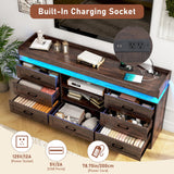 70"W Large Drawers Dresser,Tall Farmhouse 7 Drawers Dresser for Bedroom +2 Open Storage Shelves,with LED Light and Power Outlets,Wide Wood 7 Chests of Drawers for Closet for Bedroom(Antique Brown) chartustriable