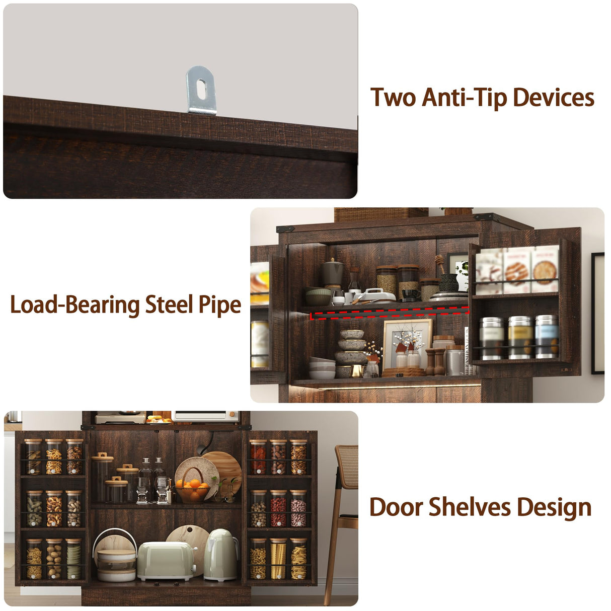 72" Tall Farmhouse Kitchen Pantry Cabinet with LED Light and Power Outlet,Modern Farmhouse Kitchen Storage Cabinet w Load-Bearing Steel Pipe,Barn Doors, Organizer,Food Pantry Cabinets(Rustic Brown) chartustriable