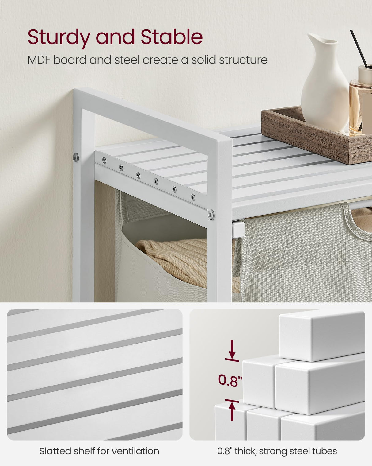 VASAGLE Laundry Hamper, Laundry Basket, Laundry Sorter with A Pull-Out and Removable Bag, Shelf, Metal Frame, 17.2 Gallons (65 L), 19.7 x 13 x 28.4 Inches, White UBLH101W01 VASAGLE