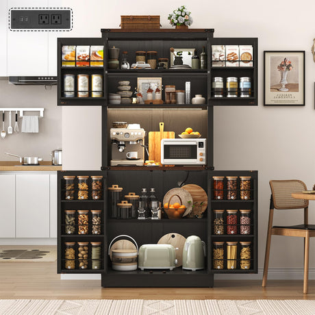 72" Tall Farmhouse Kitchen Pantry Cabinet with LED Light and Power Outlet,Modern Farmhouse Kitchen Storage Cabinet w Load-Bearing Steel Pipe,Barn Doors, Organizer,Food Pantry Cabinets(Black) chartustriable