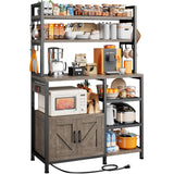 EnHomee Bakers Rack with Power Outlet, 6 Tier Coffee Bar with Storage Cabinet, Microwave Stand with Side Hooks, Utility Shelf for Kitchen EnHomee