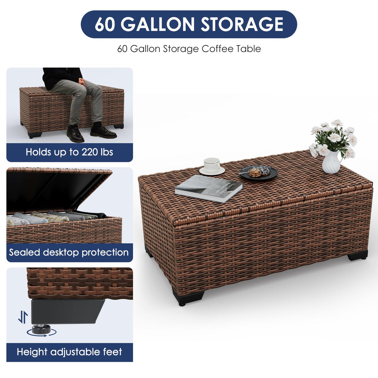 Amopatio Patio Furniture Set with Fire Pit Table, 8 Pieces Outdoor Oversized Sectional Sofa Wicker Patio Armrest Couch, 44" Fire Pit Conversation Sets with Storage Table, Waterproof Covers (Grey) Amopatio