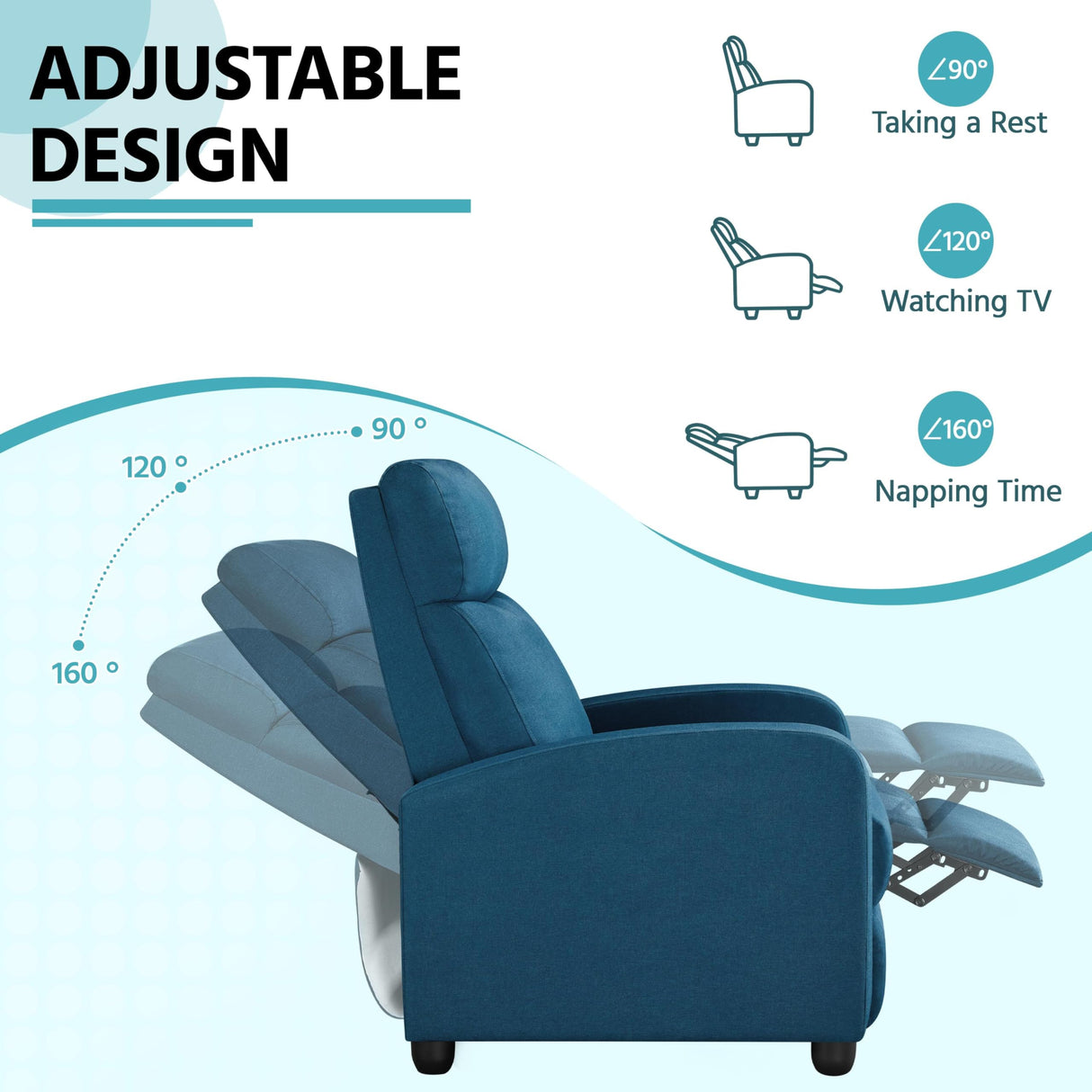 Yaheetech Fabric Recliner Sofa Modern Single Recliner Sofa Home Theater Seating with Thick Seat Cushion, Backrest and Pocket Spring, Blue Yaheetech