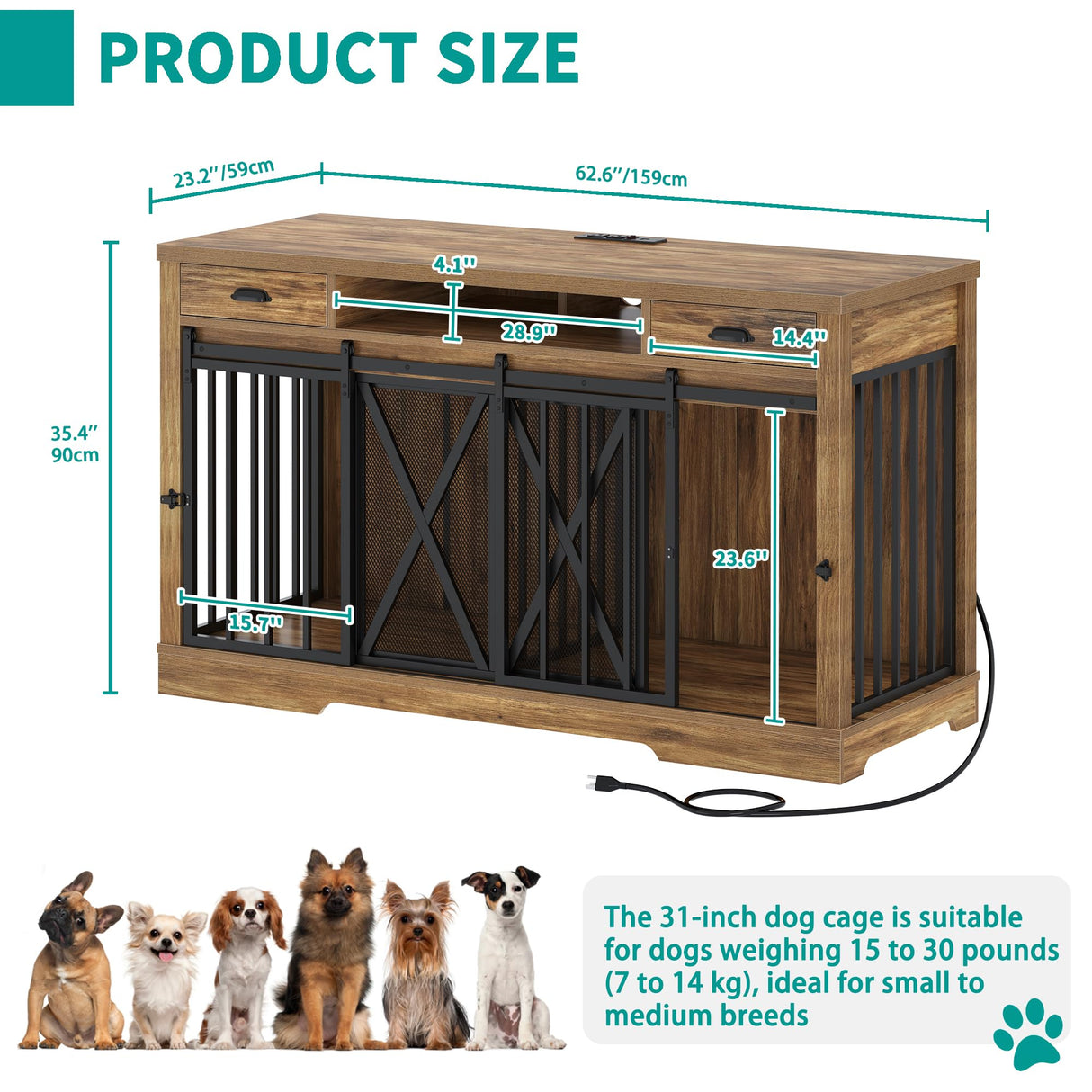 YITAHOME 63 Inch Double Dog Crate TV Stand with Charging Station, Heavy Duty Wooden Cage Furniture for 2 Dogs, Dog Kennel Indoor Furniture Double Sliding Barn Door Design Ideal for 2 Dogs, Oak YITAHOME