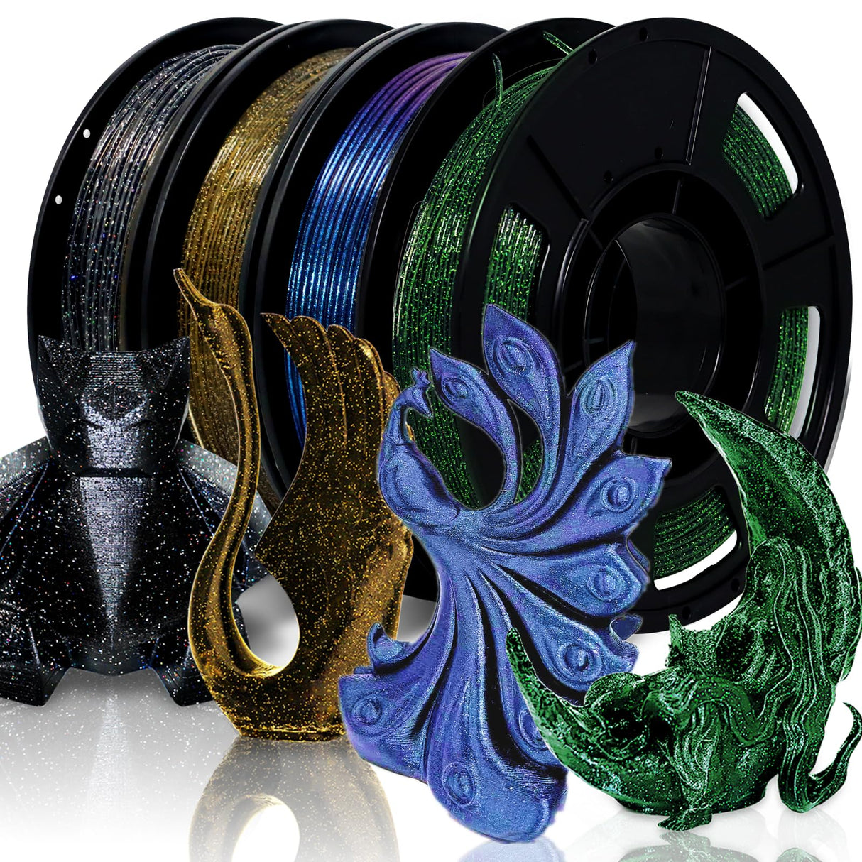 RepRapper PLA Filament, Multicolor Glitter 250g*4 Sample Pack, Shiny Galaxy PLA1.75MM for 3D Printer, Glow in The Dark Sparkle Laser Series 3D Printer Filament, 250g*4 Pack RepRapper