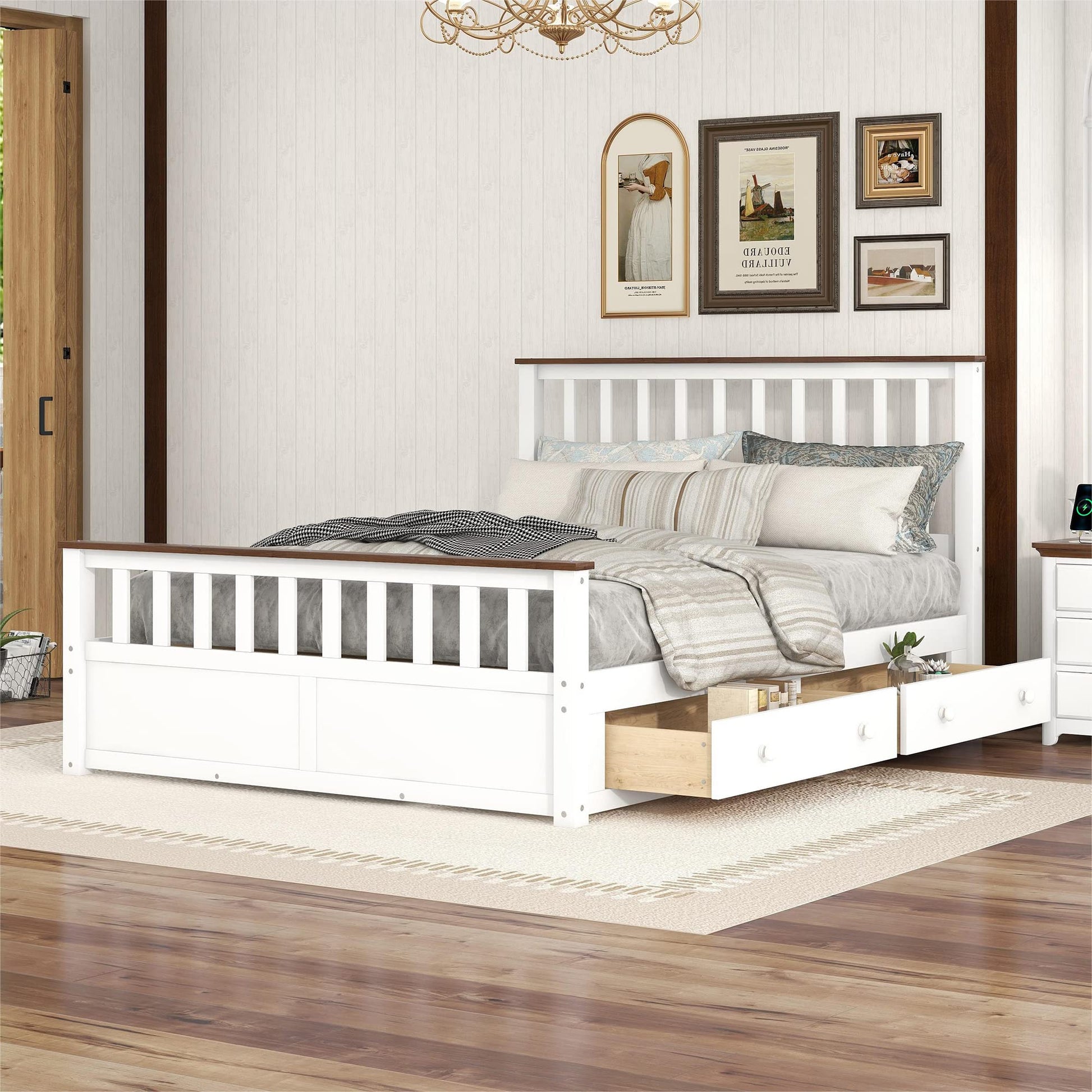 Merax Modern Farmhouse Queen Platform Bed Frame with Hidden Drawers in White and Walnut - WoodArtSupply