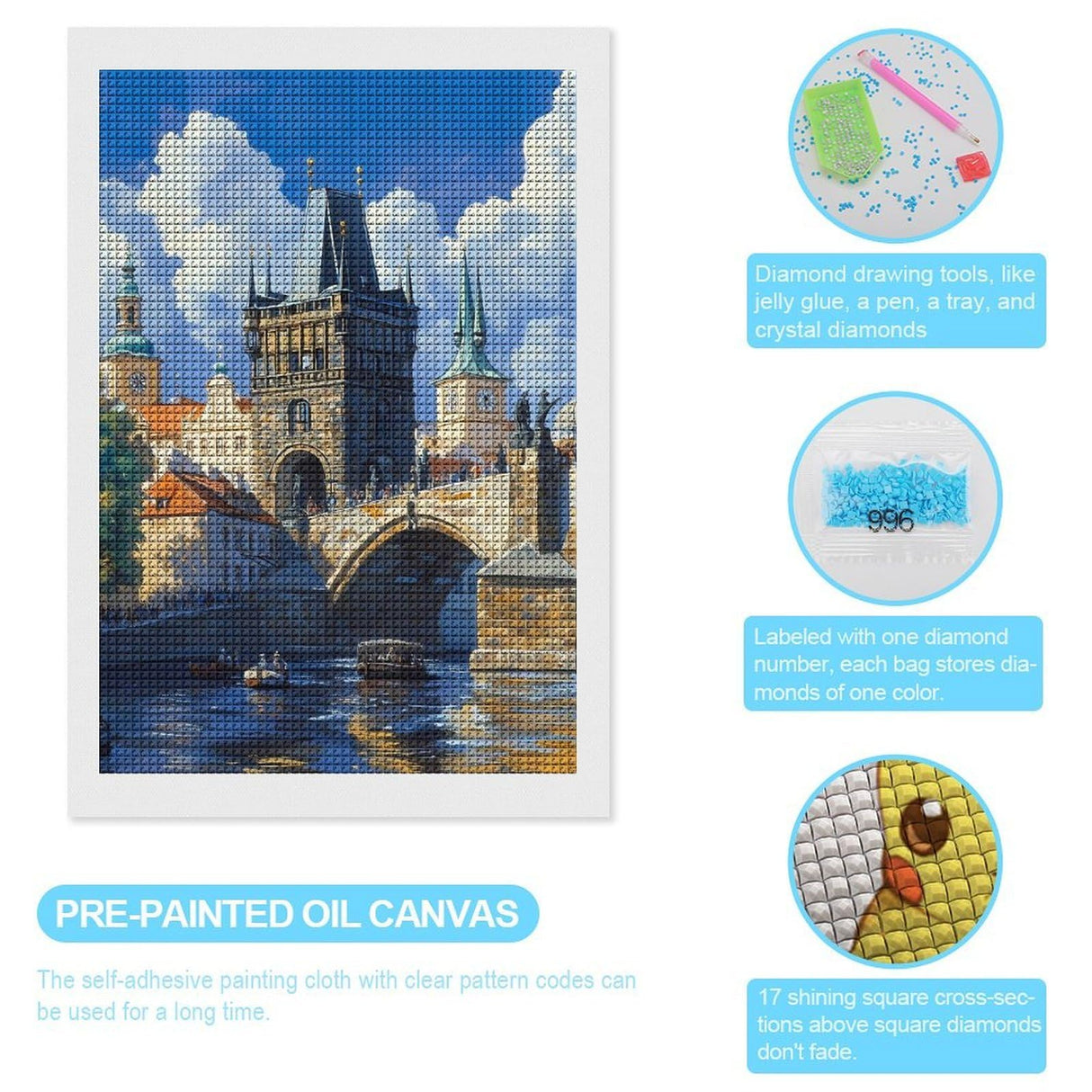 Charles Bridge in Prague Czechrepublic (4) Diamond Painting Kits for Adults DIY Full Square Drill Diamond Art Crafts 8"x12" WoodArtSupply