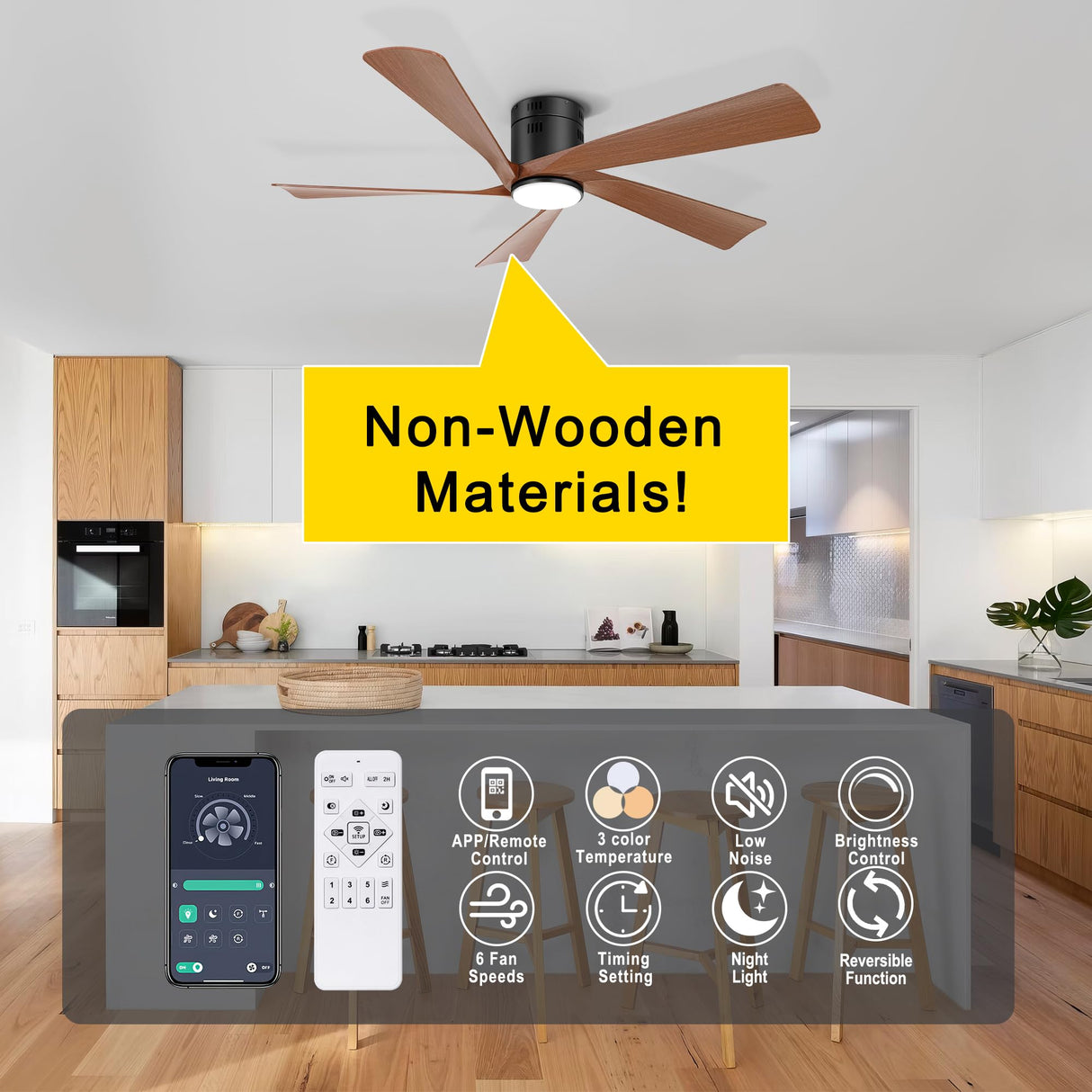 Ohniyou 52” Flush Mount Farmhouse Ceiling Fan with Lights, Remote & APP Control Low Profile Indoor Outdoor Ceiling Fans, Dimmable, Quiet DC Motor, Reversible, Black+Wood Ohniyou