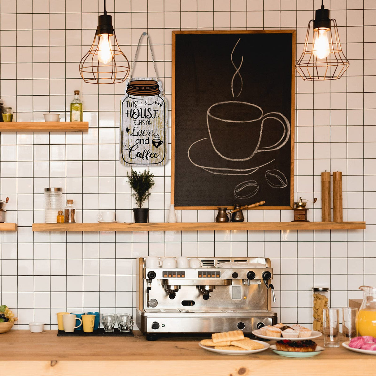 Jetec 3 Pcs Coffee Bar Decor Sign Mason Jar Wall Hanging Plaque Farmhouse Kitchen Decor Wooden Coffee Sign for Kitchen Home Living Room Wall Decorations(Simple Style) Jetec