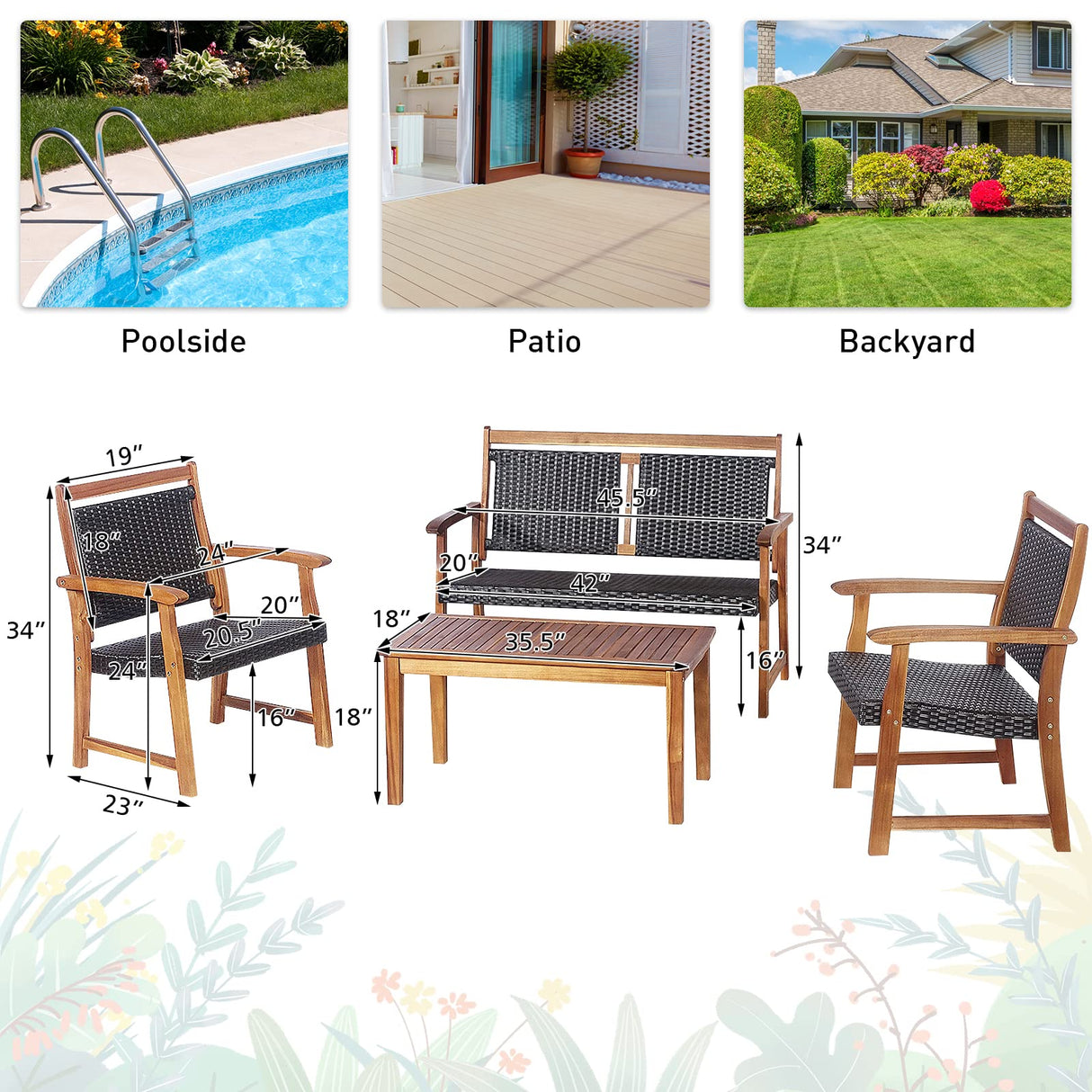 Tangkula 4 Pieces Patio Rattan Conversation Set with Acacia Wood Frame, Patiojoy Outdoor Furniture Set with Chairs & Coffee Table, Sectional Furniture Set for Garden, Backyard, Poolside Tangkula