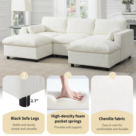 Merax 86.5" Sectional Sofa with Storage & Ottomans-Cream 5-Seater Sleeper Cloud Couch, Space Saving Convertible L/U Shaped Sofa Set, Chenille Upholstered Couches Bed for Living Room & Apartment, White Merax