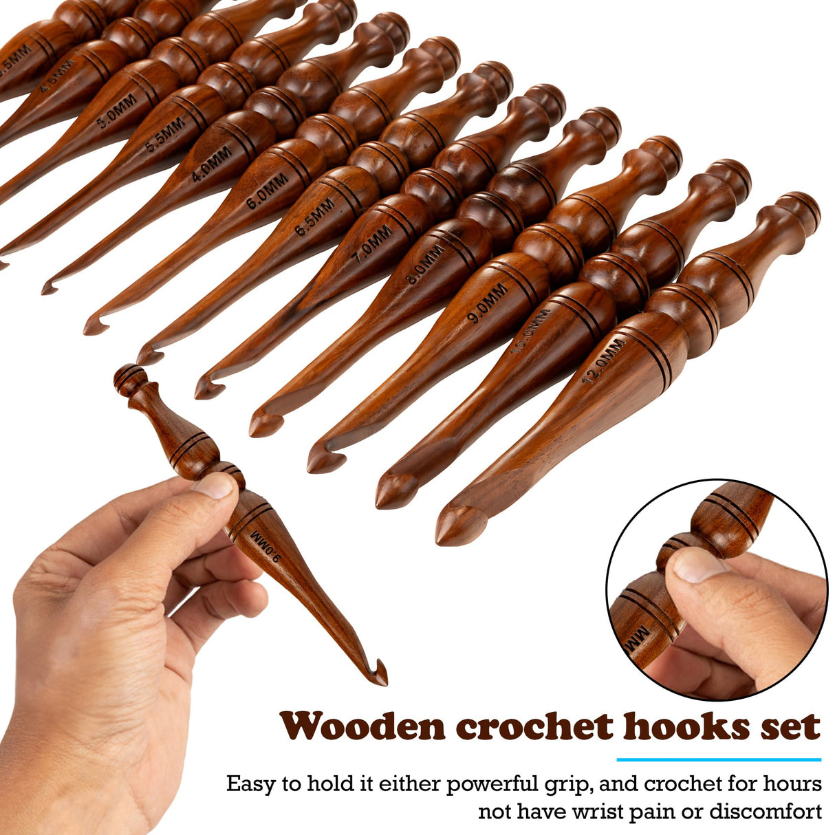 Bhartiya Handicrafts Wooden Crochet Hooks Set, 12pcs Ergonomic Knitting Needles - Rosewood, 3.5mm(E) to 12mm(P) - Includes Holder Bhartiya Handicrafts