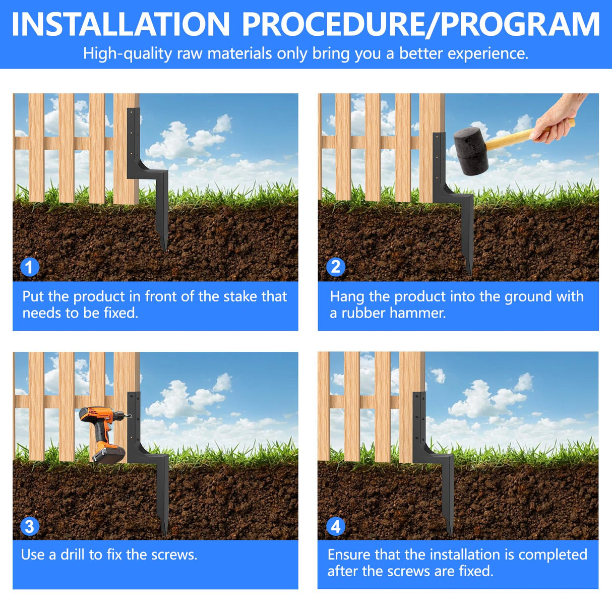 ZIIAMG Fence Post Anchor Ground Spike,Heavy Duty Steel 4"x4" (Inner Diameter 3.6"x3.6") Fence Post Repair Kit(2 Pack/Black） ZIIAMG