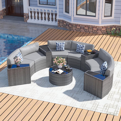 ABCASA Outdoor Patio Furniture Set with Coffee Table,11 Pieces Half-Moon Curved Outdoor Sectional Sofa and Side Table Waterproof Cover, Wicker Rattan Patio Coversation Set for Porch,Backyard(Grey) ABCASA