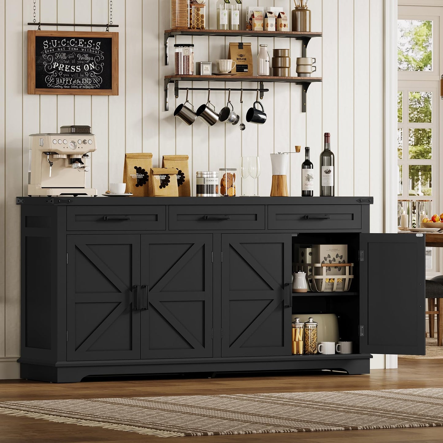 usikey Buffet Cabinet, 63” Large Sideboard Buffet Storage Cabinet with 3 Drawers, Farmhouse Coffee Bar with 4 Doors, for Kitchen, Living Room, Black