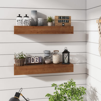 ROOREVO Wall Floating Shelves, Rustic Wood Wall Shelf Handmade (Light Walnut, 24 Inch - 2 Pack)