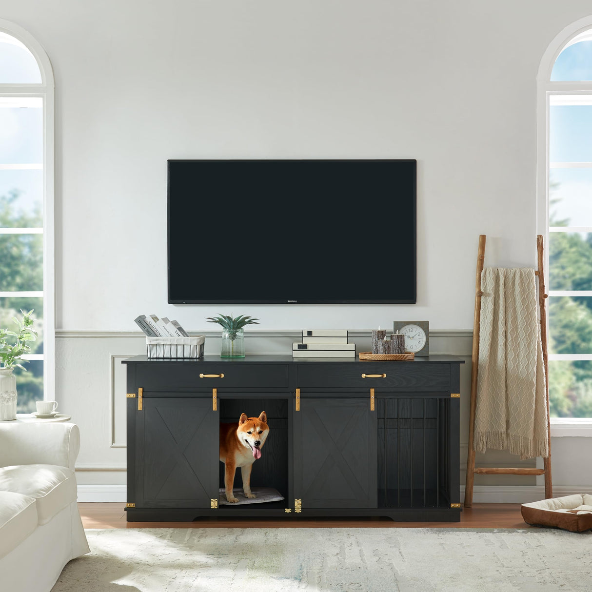 Extra Large Furniture Style Double Dog Crates, 72.5" Farmhouse Wooden Dog Kennel Furniture with Drawers, Divider, Water Resistant & Barn Door for 2 Dogs, Black EDYO LIVING