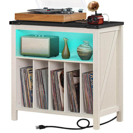 Joaxswe Large Record Player Stand with Charging Station & LED Lights, Vinyl Records Storage Holder Cabinet Holds up to 230 Albums, Turntable Stand for Music Room, Bedroom, Living Room, Office (White) Joaxswe