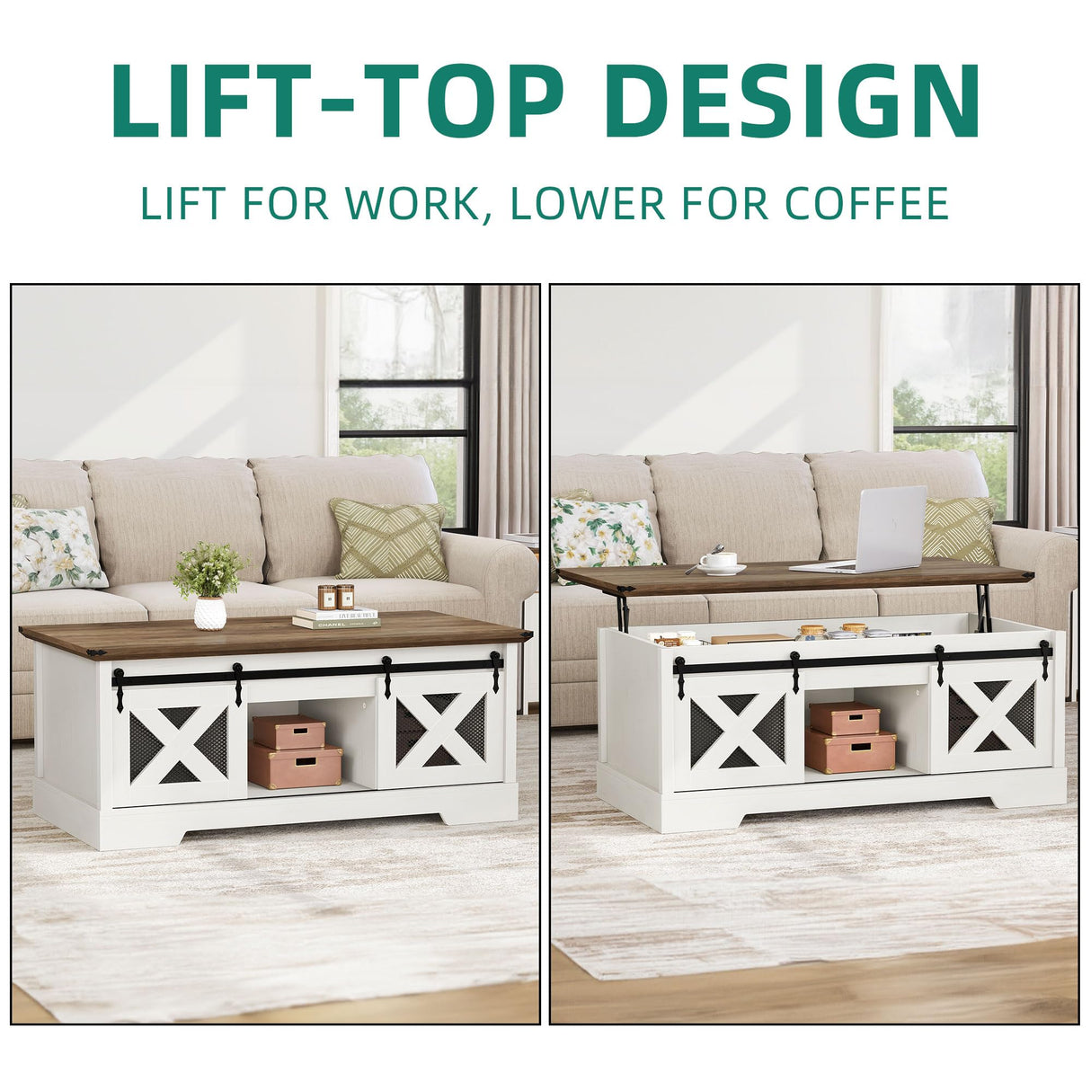 YITAHOME Farmhouse Coffee Table, Lift Top Coffee Table with Storage & Sliding Groove Barn Door,Rustic Coffee Tables for Living Room, Center Table for Living Room, Brown and White YITAHOME
