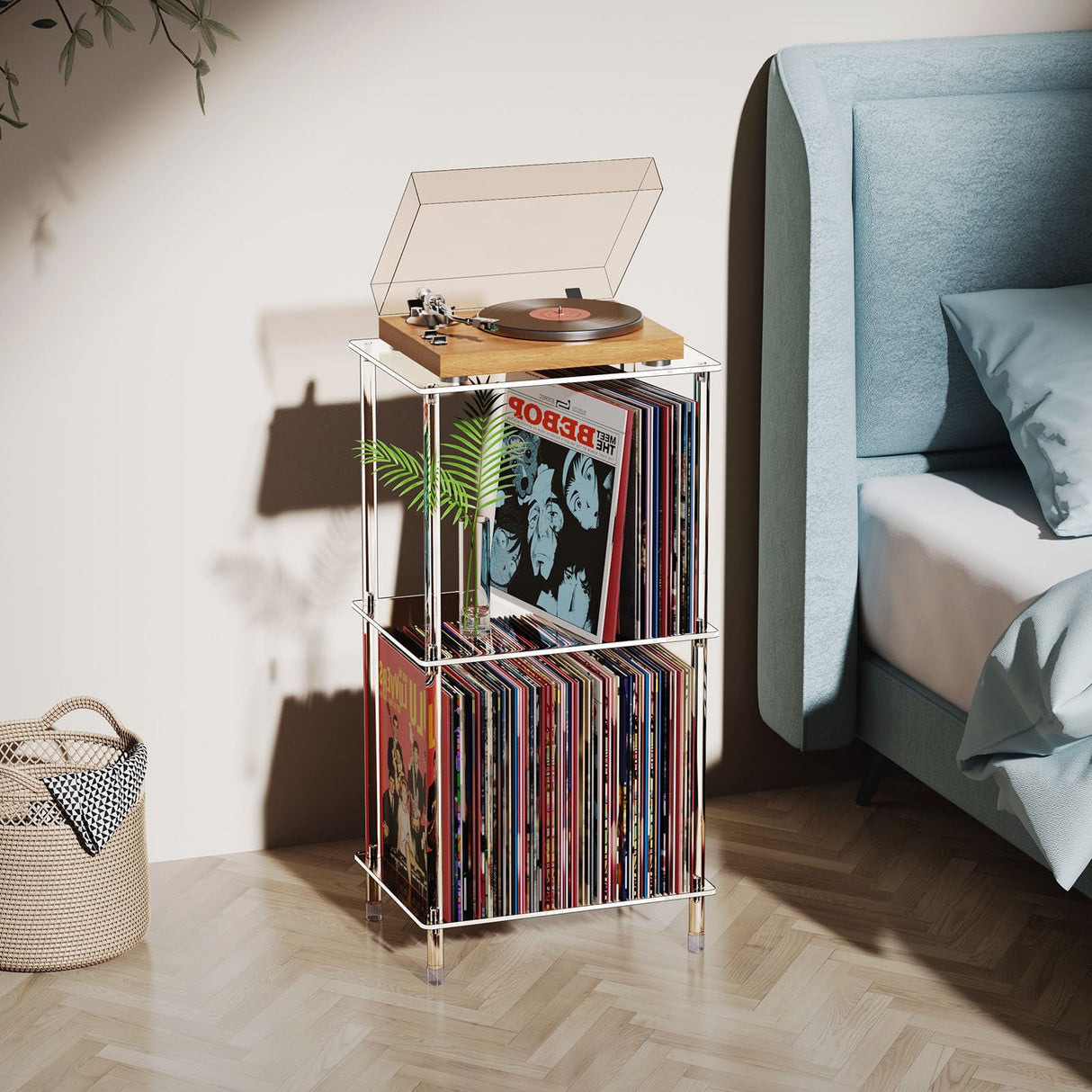 Bkemiy Acrylic Record Player Stand, 3-Tier Clear Turntable Table with Vinyl Record Storage, 15.74" L x 11.81" W x 30.7" H, Tall Modern Side Table/End Table for Living Room, Bedroom JJ00041 Bkemiy
