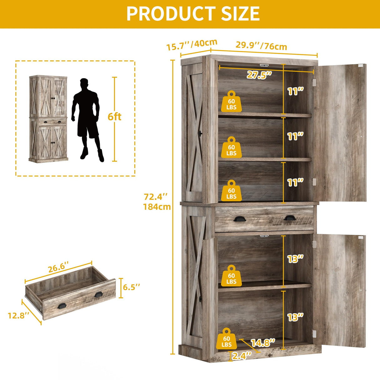 DWVO Kitchen Pantry with Doors, 72'' Tall Farmhouse Wood Kitchen Storage Cabinets with Adjustable Shelves & Drawer, Freestanding Cupboard for for Kitchen, Dining Room, Living Room, Light Rustic Oak DWVO