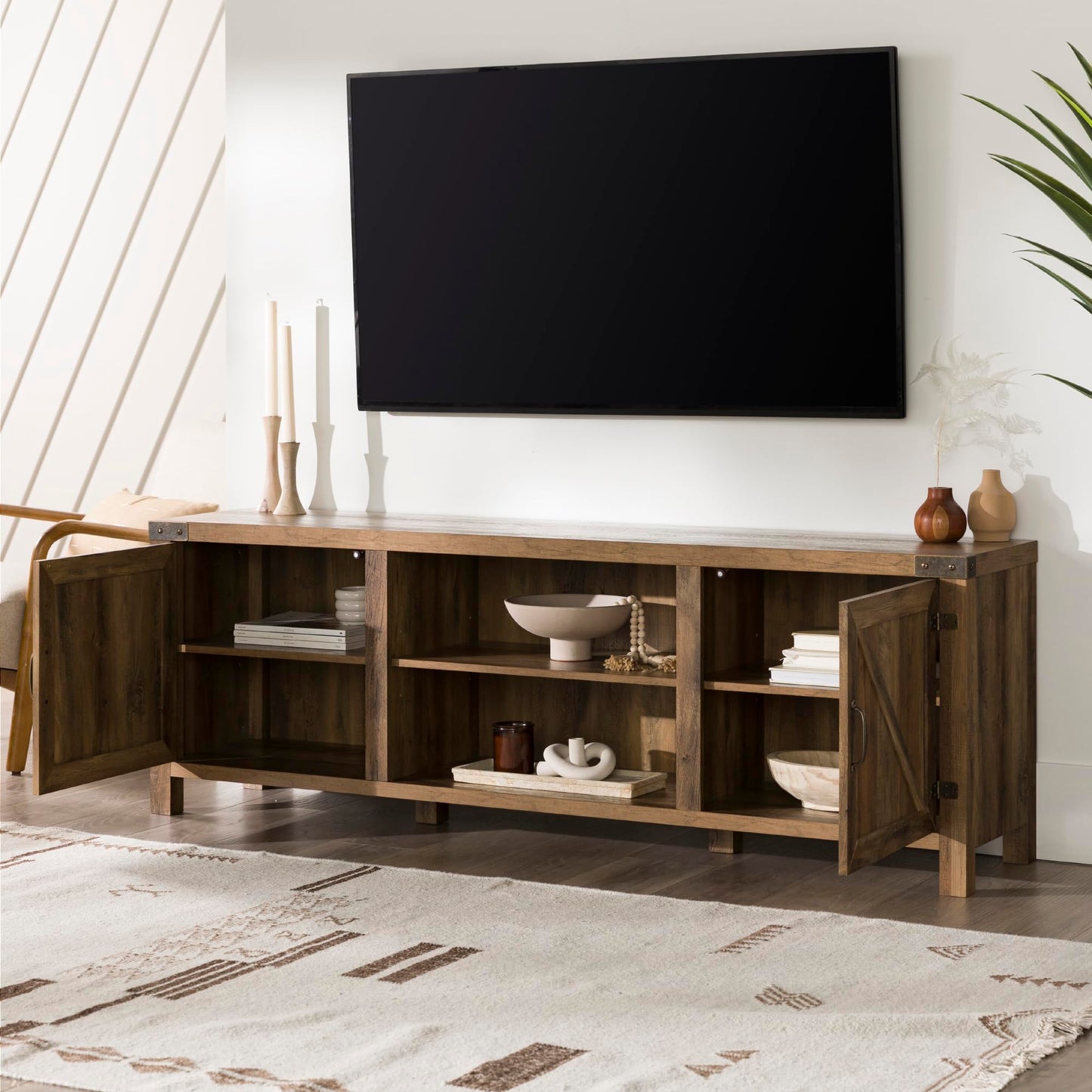 Walker Edison Georgetown Modern Farmhouse Double Barn Door TV Stand for TVs up to 80 Inches, 70 Inch, Rustic Oak, Without Fireplace, 15.75 x 70 x 24 inches