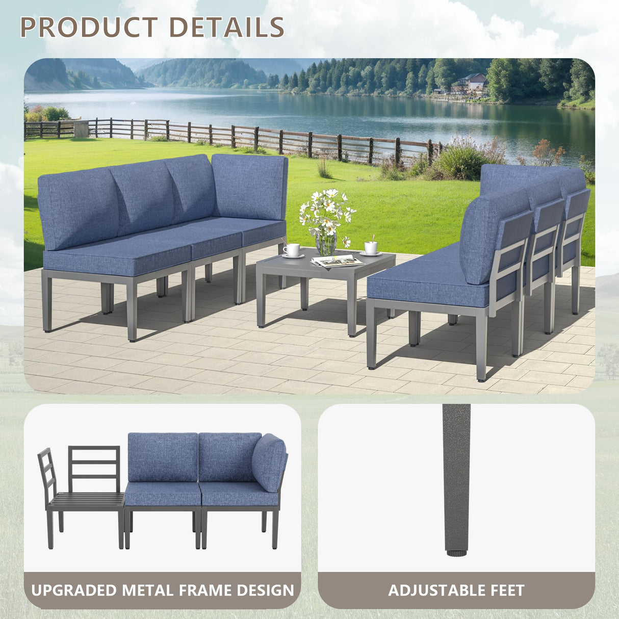 Kullavik Patio Furniture Set,7 Pieces Metal Modern Outdoor Furniture,Outdoor Sectional Sofa w/5.1" Cushions and Coffee Table for Patio,Backyard，Navy Blue Kullavik