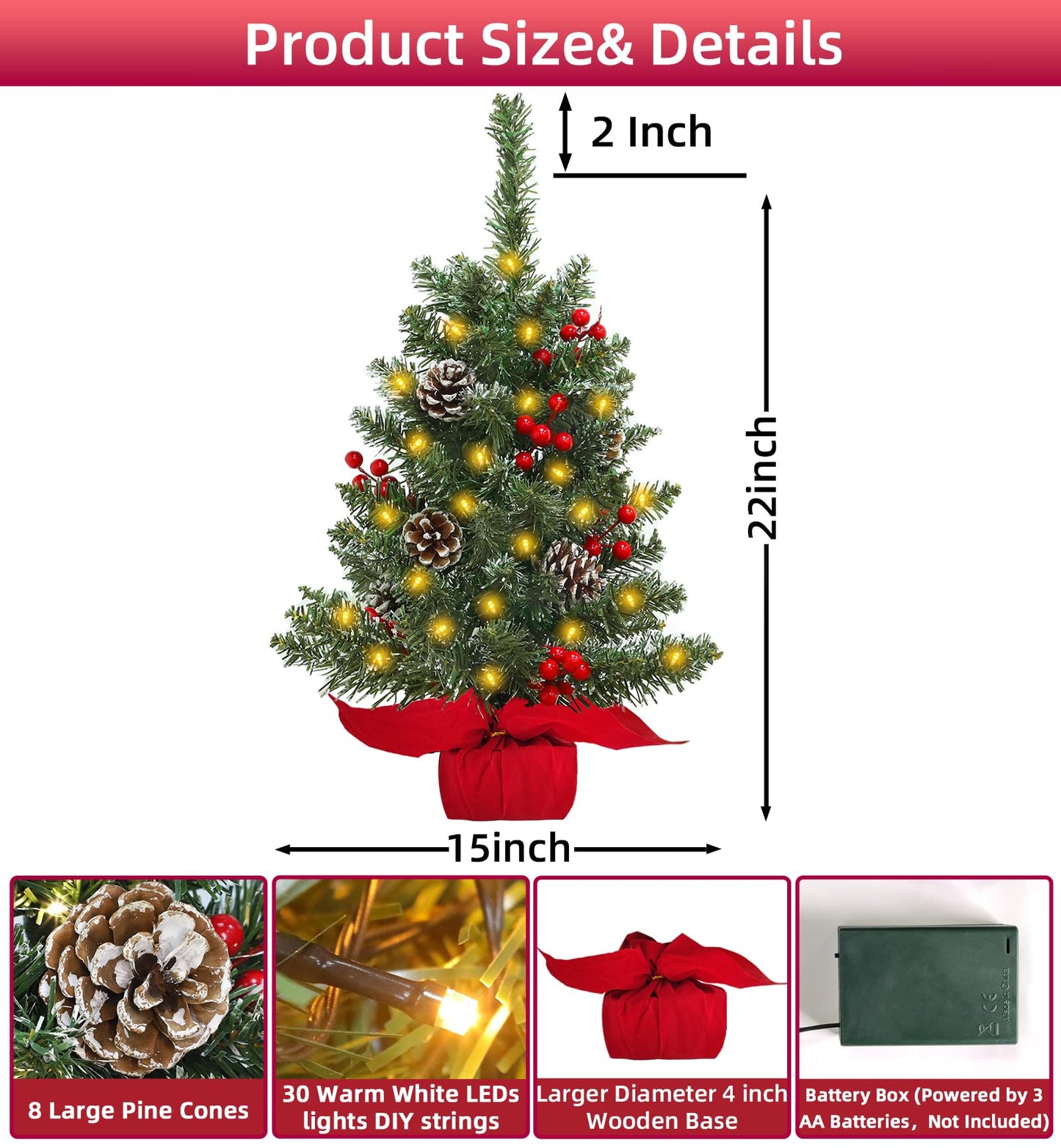 TURNMEON 2 Pack 24 Inch Lighted Small Christmas Trees, Artificial Tabletop Mini Xmas Tree with Timer 30 LED Lights 8 Pine Cones 8 Red Berried and Lifelike Branches for Christmas Holiday Indoor Decor