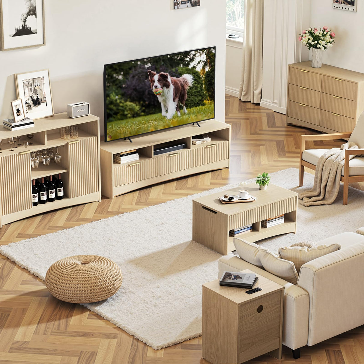 Amada Coffee Table Fluted Lift Top, 35.2" Wood Table with Storage Shelf & Hidden Compartment, Modern Rectangle Center Table for Living Room, Sturdy & Multi-Functional, Holds Up to 220LBS, Natural Oak AMADA HOMEFURNISHING