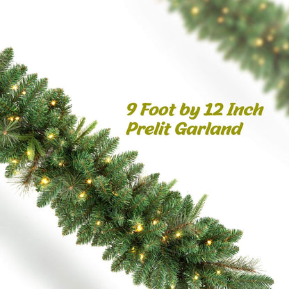 KING BIRD Pre-lit Christmas Garland, 9 FT by 12 Inch, Classic Green Christmas Garland with 50 Warm Lights 300 Branch Tips for Indoor and Outdoor Decoration