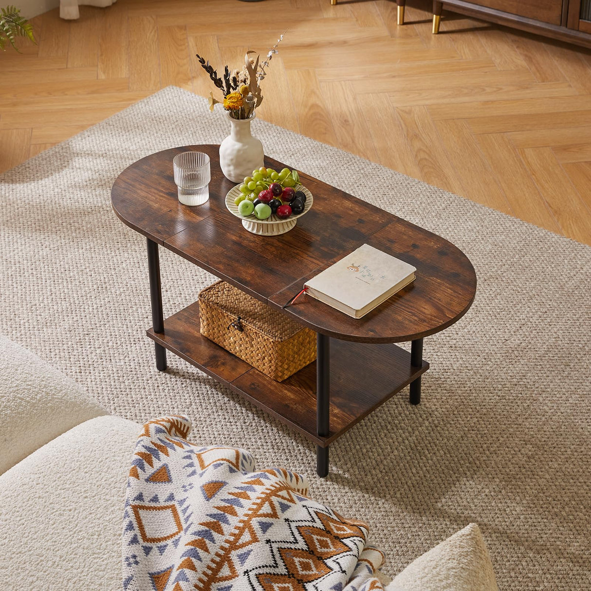 Aibiju Rustic Coffee Table Splicing Design, TV Centre Table Stand 35 * 16 * 17", 2-Tier Oval Wood Tea Table for Living Room Apartment Rustic Brown YD-011H Aibiju