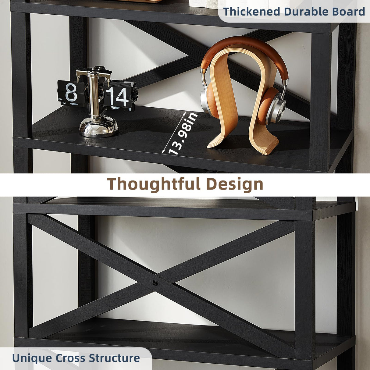 Joaxswe 5 Tier Bookshelf 70" Tall Bookcase with Barn Doors,Large Farmhouse Display Book Shelf with Adjustable Shelves and Storage Cabinet， Wood Bookshelves for Living Room,Kitchen,Antique Black(2PCS) Joaxswe