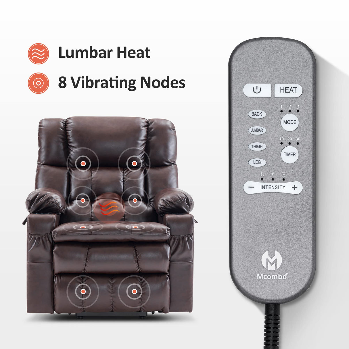 MCombo Dual Motor Power Lift Recliner Chair for Elderly, Infinite Position Lay Flat Lift Chair with Heat and Massage for Seniors, Cup Holders, USB Ports, Faux Leather 7890 (Dark Brown, Medium-Regular) MCombo